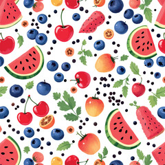 Vsai seamless pattern with appetizing blueberries, cherries, tomatoes, watermelon slices and herbs on white background