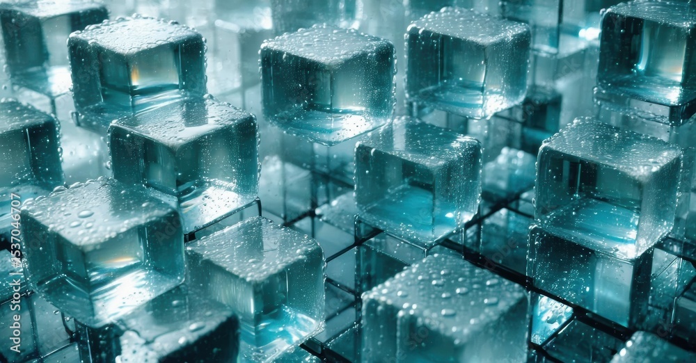 Poster Abstract cubes, wet surfaces, cool tones. Reflections create infinite depth, futuristic design. Minimalist composition, digital rendering.