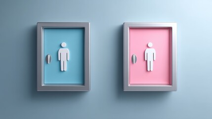 Gender equity awareness concept. Two restroom signs indicating male and female facilities, framed against a blue and pink background.
