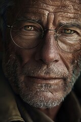 Closeup Portrait of a Mature Man with Glasses Deeply Lined Face and Graying Beard Thoughtful Expression Serious Elderly Person High Resolution Image Detailed Texture Brown Eyes old skin male time life