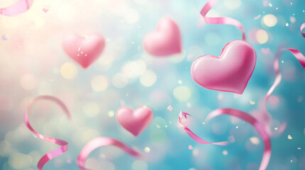 Valentine's day background with pink hearts and ribbons for love and romance celebration concept design