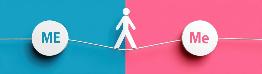 Gender equity awareness concept. A figure balances on a line between two circles labeled "ME" and "Me," symbolizing self-reflection and duality in identity.