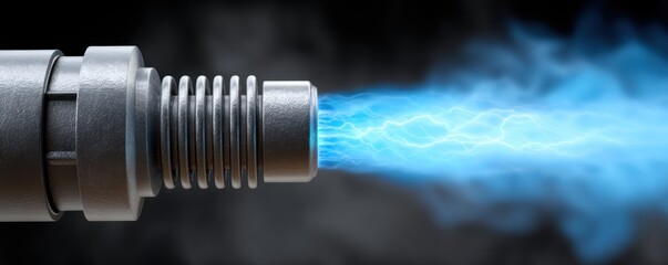 Fuel energy spray concept. A metallic nozzle emitting blue plasma energy against a dark background, illustrating technology and power.