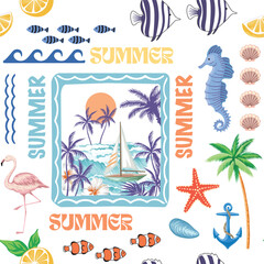 Sailboat, palms, sea wave, hibiscus flower in the frame, flamingo, fish, anchor, starfish, lemon, shell, sea horse seamless pattern. Summer patchwork print. wallpaper. © good_mood