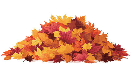 A high-angle, close-up shot depicts a large pile of autumn leaves against a pure white background. The leaves are predominantly maple leaves in various shades of red, orange, and yellow. 