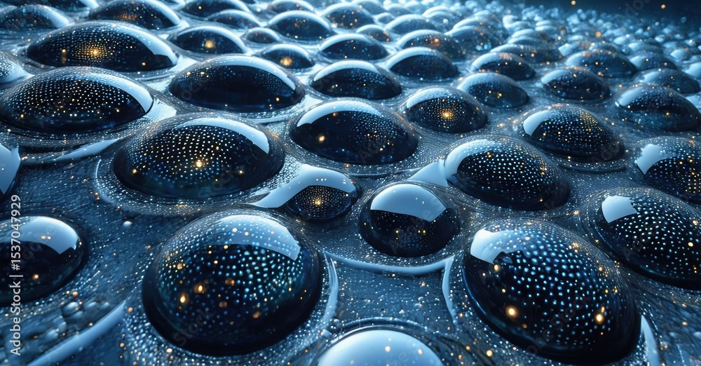 Aufkleber Blue droplets cover surface. Light reflects, creating sparkling effect. Texture appears futuristic, digital. Depth suggests complex pattern.