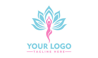 Serene woman meditating in lotus pose surrounded by a beautiful blue and pink lotus flower. Spiritual wellness concept