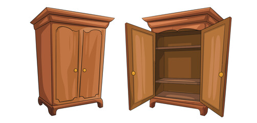 Wooden armoire closed and open illustration