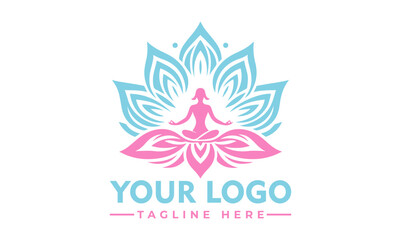 Serene woman meditating in lotus pose surrounded by a beautiful blue and pink lotus flower. Spiritual wellness concept