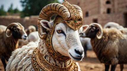 Decorated ram for the Muslim Feast of Sacrifice, Eid ul Adha.