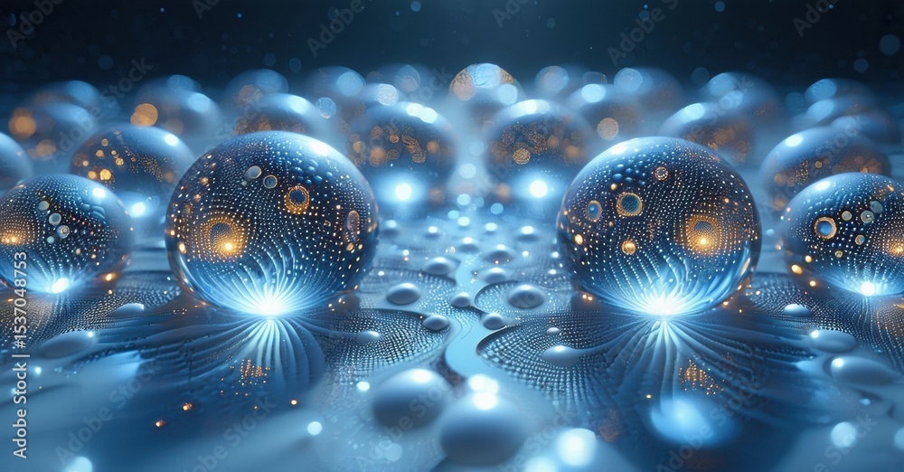 Poster futuristic scene. glowing spheres rest upon textured surface. light radiates, creating ethereal ambi