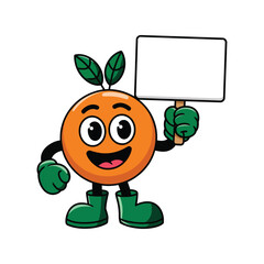 A happy, cartoon orange character with big, expressive eyes, a smiling mouth, and green gloves and boots.
and is holding a blank white sign with one hand while giving a thumbs-up with the other.