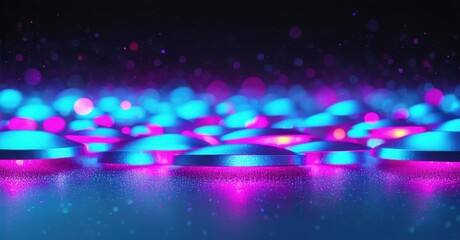 Fototapeta premium Abstract background features vibrant blue, pink lights. Reflective surface creates dynamic, futuristic impression. Dark space surrounds glowing elements.