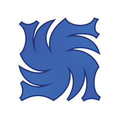 Abstract blue geometric swirl design with pointed curved edges on white background

