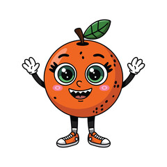 A cute, anthropomorphic orange character with large, expressive green eyes, rosy cheeks, and a cheerful smile.