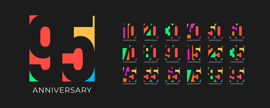 Colorful pop birthday anniversary celebration numbers on black. Youthful geometric style for jubilee events, creative branding, milestone years. Bold vibrant flat vector illustration