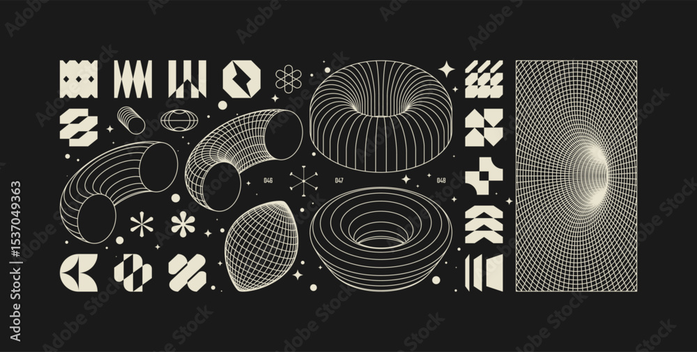 Poster vector graphic assets kit acid style, postmodern abstract geometric shapes with wireframe elements o