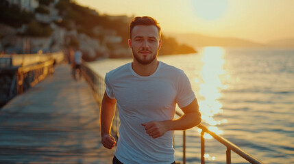 Man running exercise workout morning routine ocean view pier sunrise fitness wellness lifestyle health cardio