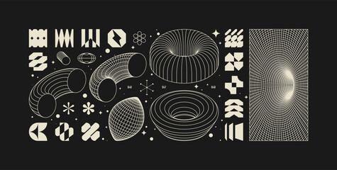Vector graphic assets kit acid style, Postmodern abstract geometric shapes with wireframe elements of different forms, Y2K trendy design in brutalism aesthetic, template symbols set 16