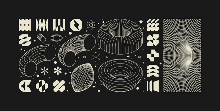 Vector graphic assets kit acid style, Postmodern abstract geometric shapes with wireframe elements of different forms, Y2K trendy design in brutalism aesthetic, template symbols set 16