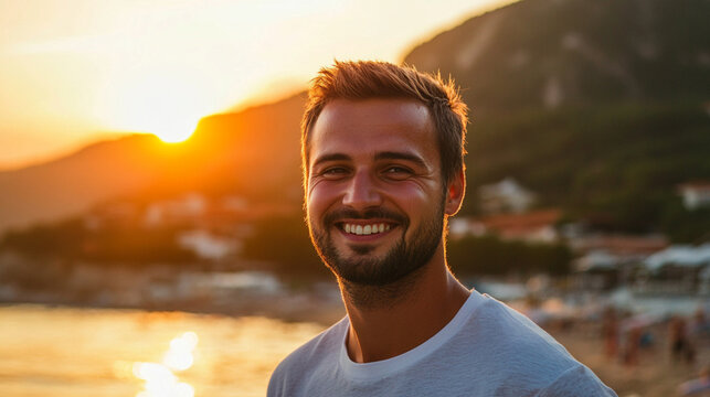 Portrait of smiling man at sunset beach vacation travel lifestyle happy young adult male summer holiday