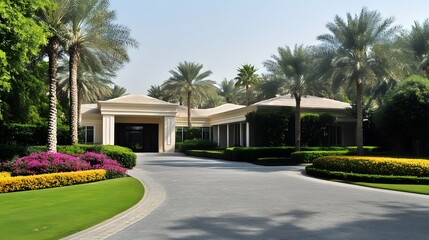 Obraz premium Luxury Modern Villa Exterior with Palm Trees and Landscaping