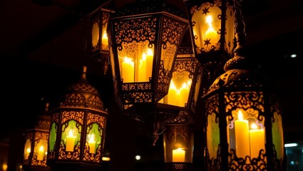 Decorative Arabic lanterns with glowing candles at night.