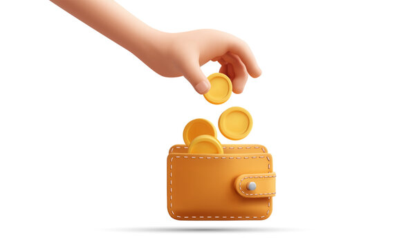 3D vector illustration of human hand dropping gold coins into stitched leather wallet, symbolizing savings, budget planning, income management, cash deposit, personal finance, isolated on white.