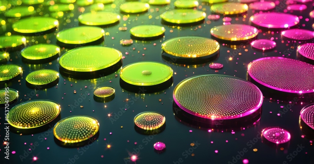 Poster bright circles glow, varying shades pink, green. dark background creates depth, visual interest. spa