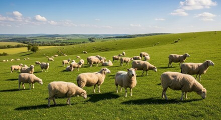 Obraz premium Flock of sheep grazing on green hillside pasture under blue sky