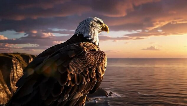 Bald eagle on cliff overlooking ocean at sunset &ndash; majestic national symbol scene