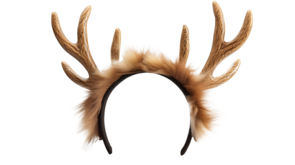A close up of a headband with deer antlers attached on a transparent background in a studio setting