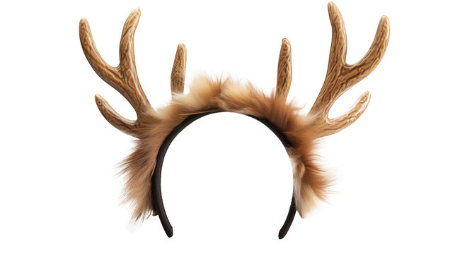 A close up of a headband with deer antlers attached on a transparent background in a studio setting