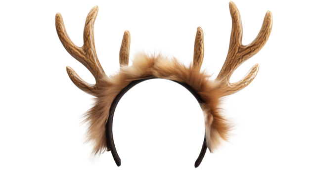 A close up of a headband with deer antlers attached on a transparent background in a studio setting