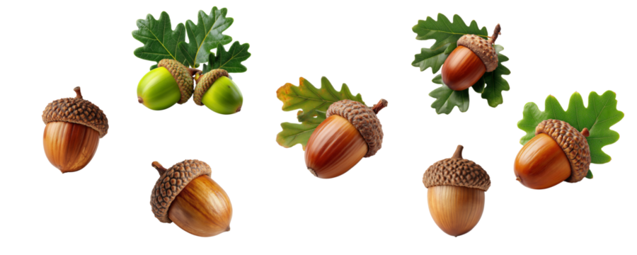 Brown acorn oak nut isolated cutout on transparent, set of acorns 
