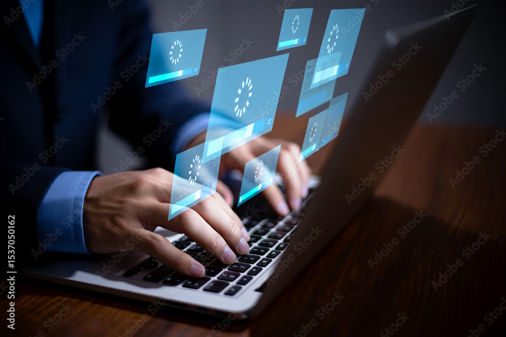 Poster businessman using laptop with loading progress bars and indicators
