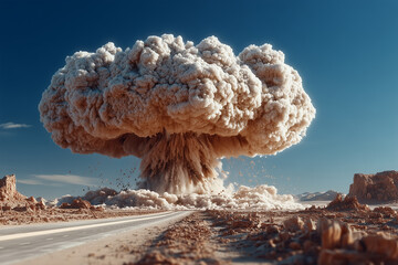 A massive nuclear explosion in the desert, giant mushroom cloud rising into the sky, intense orange and yellow glow, shockwave forming on the ground	
