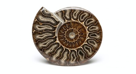 Rare polished ammonite fossil slice, isolated on white background. Generative AI