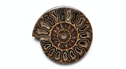 Rare polished ammonite fossil slice, isolated on white background. Generative AI