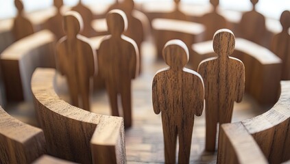 Wooden figures in a maze-like structure, representing lost people or a complex problem