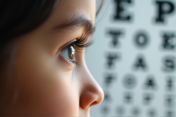 closeup of child's face with chart in background. vision test and pediatric care. healthcare, medical concept. doctor's office, poster. national eye exam month