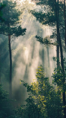 Morning fog drapes quiet forest as soft sunlight rays cut through trees