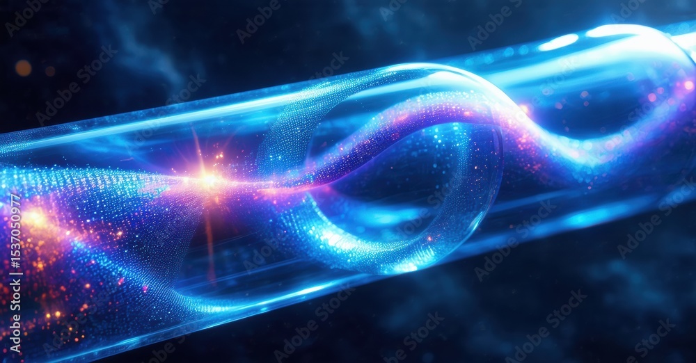 Poster Bright energy flows within tubular structure. Vivid blue, purple hues dominate dark background. Sparkling particles create dynamic visual effect.