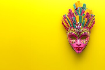 Vibrant Carnival Mask with Colorful Feathers on Yellow Background
