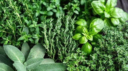 A collection of different herbs, including thyme, rosemary, and oregano --ar 16:9 --v 6.1 Job ID: f25eb4fa-27ae-4e12-b3a0-eeda6159af7e