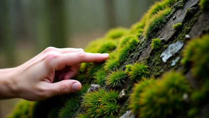 hand gently touching a patch of vibrant green moss growing on a tree trunk.