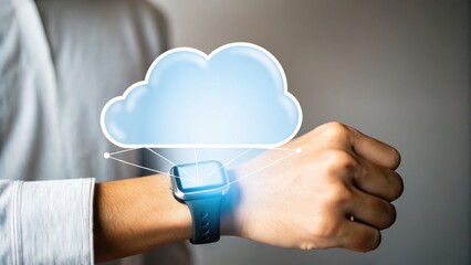 A person wearing a smartwatch with a digital cloud icon above it, symbolizing cloud computing and data synchronization.