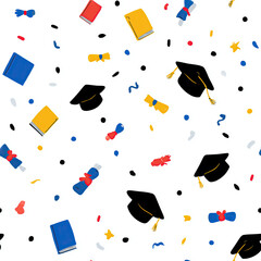 Colorful Flat Vector Graduation Icons Pattern: Cap, Diploma, Book & Stars