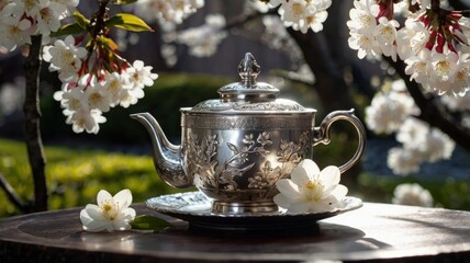 Decorative silver tea cup with white flowers, prunus tree blossoms and glowing lantern.