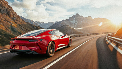 Obraz premium A red sports car speeds along a curving mountain highway at sunset, with rugged peaks and golden sunlight creating a cinematic backdrop of freedom and luxury.
